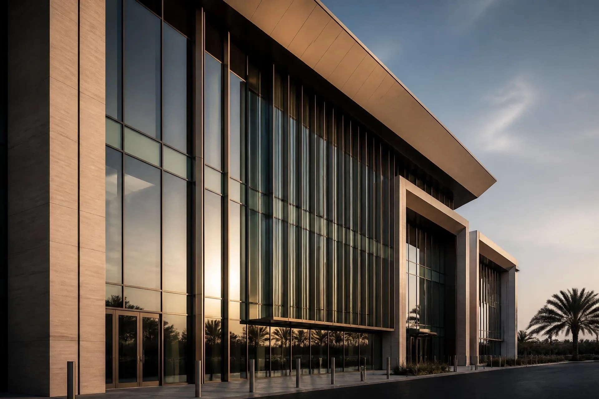 Aluminium and glass curtain wall facade of a modern commercial building at golden hour